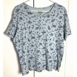 Basic Editions Womens Blue Flowered Ribbed Tee Size 1X